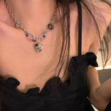 Colorful Love Pendant Double Layer Chain Pearl Necklace for Women Girls