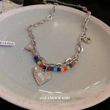 Colorful Love Pendant Double Layer Chain Pearl Necklace for Women Girls