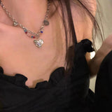 Colorful Love Pendant Double Layer Chain Pearl Necklace for Women Girls