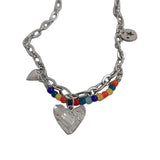 Colorful Love Pendant Double Layer Chain Pearl Necklace for Women Girls