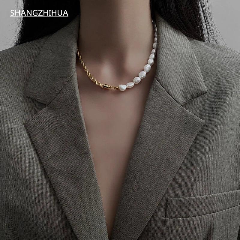 Baroque Pearl Metal Chain Necklace Short Choker