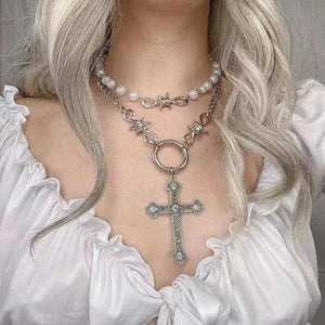Retro Cross Pearl Necklace Gothic Metal Jewelry for Women