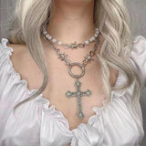 Retro Cross Pearl Necklace Gothic Metal Jewelry for Women