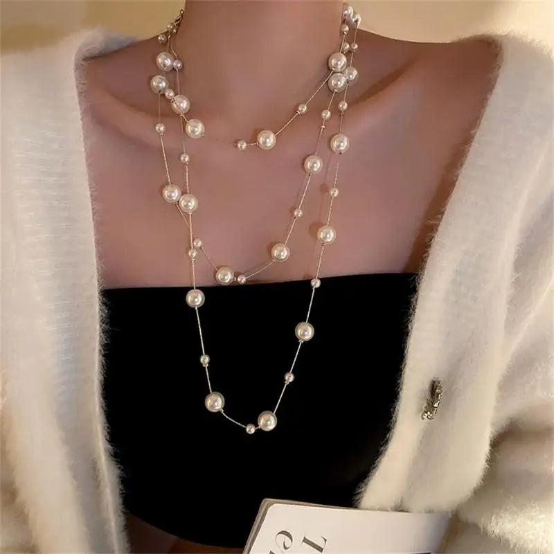 Long Pearl Temperament Necklace Multilayer Clavicle Chain Female Pendants Gift
