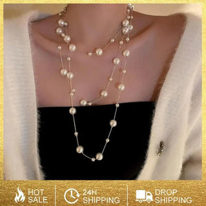 Long Pearl Temperament Necklace Multilayer Clavicle Chain Female Pendants Gift