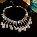 Vintage Crystal Choker Tassel Drop Pearl Necklace for Women Girls