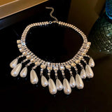 Vintage Crystal Choker Tassel Drop Pearl Necklace for Women Girls