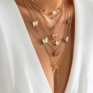 Vintage Pearl Necklaces Geometric Multi-layer Pendant Chain Necklace