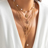 Vintage Pearl Necklaces Geometric Multi-layer Pendant Chain Necklace