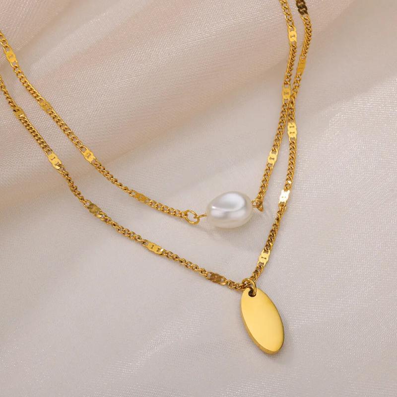 Stainless Steel Oval Pendant Necklace with Pearl Charm