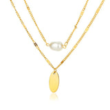 Stainless Steel Oval Pendant Necklace with Pearl Charm