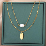 Stainless Steel Oval Pendant Necklace with Pearl Charm