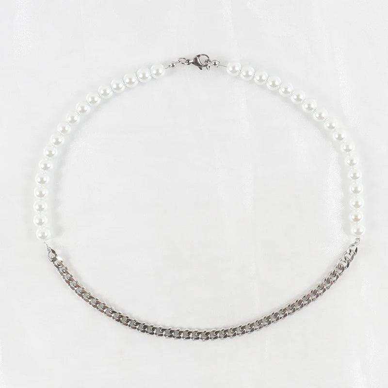 Men's Stainless Steel Cuban Chain Necklace with Half Pearls