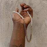 Men's Stainless Steel Cuban Chain Necklace with Half Pearls