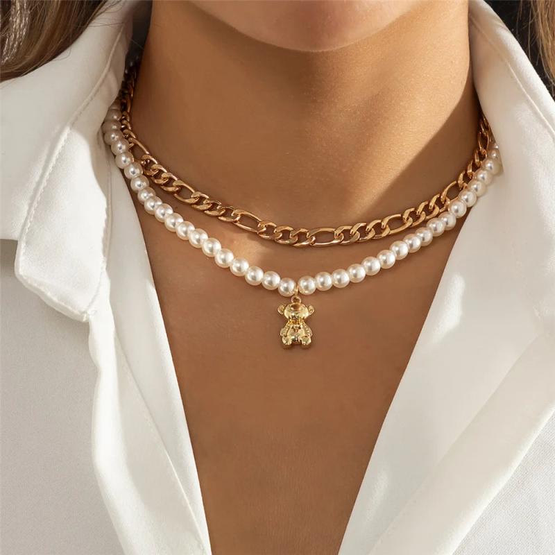 Boho Pearl Bear Pendant Choker Necklace Vintage Beaded Collar Chain