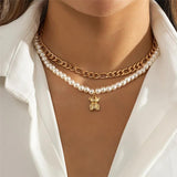 Boho Pearl Bear Pendant Choker Necklace Vintage Beaded Collar Chain