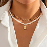 Boho Pearl Bear Pendant Choker Necklace Vintage Beaded Collar Chain