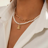 Boho Pearl Bear Pendant Choker Necklace Vintage Beaded Collar Chain