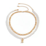 Boho Pearl Bear Pendant Choker Necklace Vintage Beaded Collar Chain