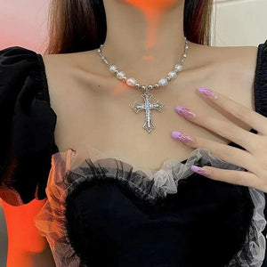 Gothic Pearl Cross Necklace Y2K Zircon Punk Pendant Necklace
