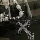 Gothic Pearl Cross Necklace Y2K Zircon Punk Pendant Necklace