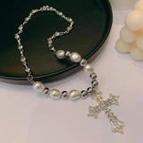 Gothic Pearl Cross Necklace Y2K Zircon Punk Pendant Necklace