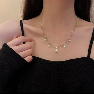 Kpop Pearl Choker Necklace Double Layer Chain Pendant For Women Jewelry