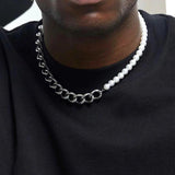 Pearl Beads Stainless Steel Necklace Men Punk Chains Jewelry