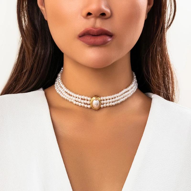 Vintage Pearl Choker Necklace for Women Goth Rhinestone Chain
