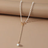 Vintage Beaded Choker Bow Pearl Pendant Necklace for Women