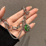 Vintage Green Crystal Rose Necklace for Women Multilayer Chain Choker