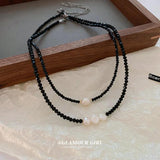 Crystal Beads Chain Choker Necklace with Pearls Pendant
