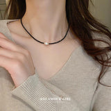 Crystal Beads Chain Choker Necklace with Pearls Pendant