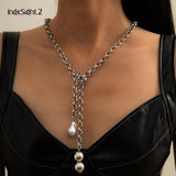 Punk Chain Long Necklace with Pearl Pendant for Women