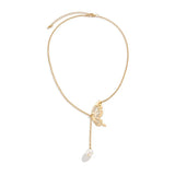 Efily Butterfly Pearl Bridal Backdrop Necklace