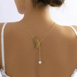 Efily Butterfly Pearl Bridal Backdrop Necklace