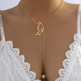 Efily Butterfly Pearl Bridal Backdrop Necklace