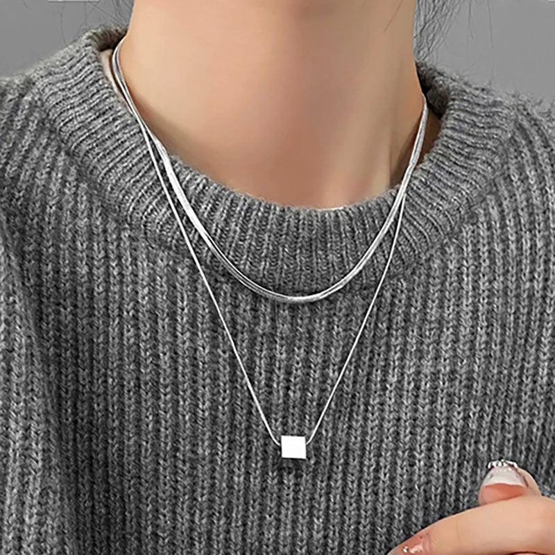 Foxanry Minimalist Silver Chain Necklace Geometric Pendant