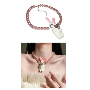 Pearl Beaded Necklace Plush Rabbit Pendant Choker