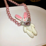 Pearl Beaded Necklace Plush Rabbit Pendant Choker