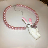Pearl Beaded Necklace Plush Rabbit Pendant Choker
