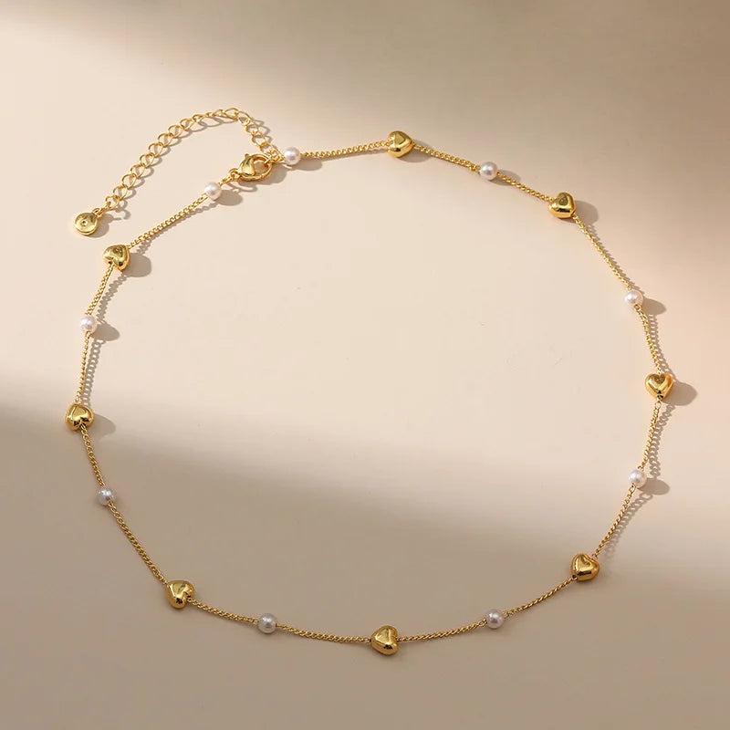 Heart Beads Link Chain Necklace 18k Plated Waterproof Jewelry