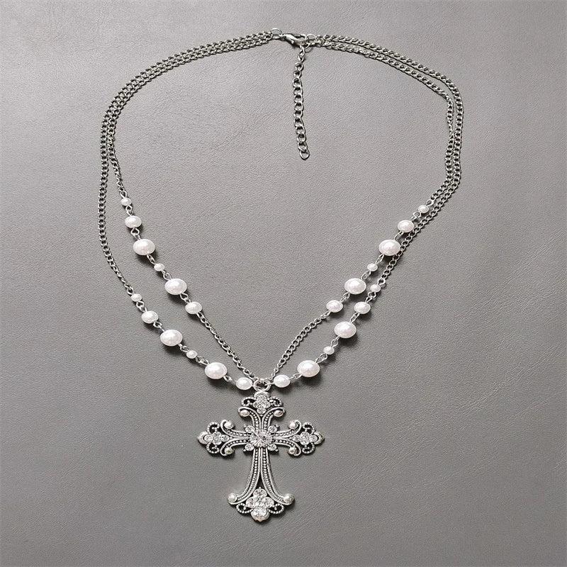 Rhinestone Pearl Chain & Cross Chokers Necklace Goth Punk Jewelry
