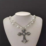 Rhinestone Pearl Chain & Cross Chokers Necklace Goth Punk Jewelry