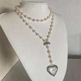 Layered Pearl Heart Locket Pendant Beaded Chain Necklace