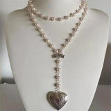 Layered Pearl Heart Locket Pendant Beaded Chain Necklace