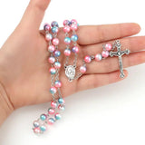 8mm Pearl Beads Catholic Rosary w/ Holy Soil Charm Crucifix