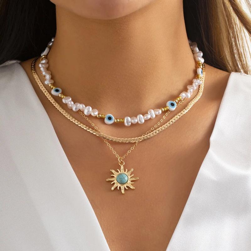 Ethnic Sunflower Pine Stone Pendant Necklace Vintage Pearl Eyes
