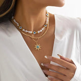 Ethnic Sunflower Pine Stone Pendant Necklace Vintage Pearl Eyes