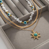 Ethnic Sunflower Pine Stone Pendant Necklace Vintage Pearl Eyes